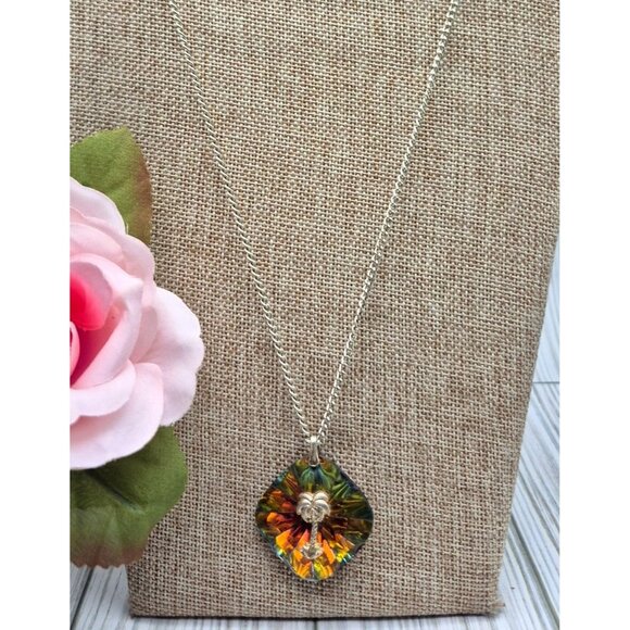 Vintage Germany Signed Iridescent Pendant Necklace with Gold Palm Tree 24" MINT - Picture 3 of 10